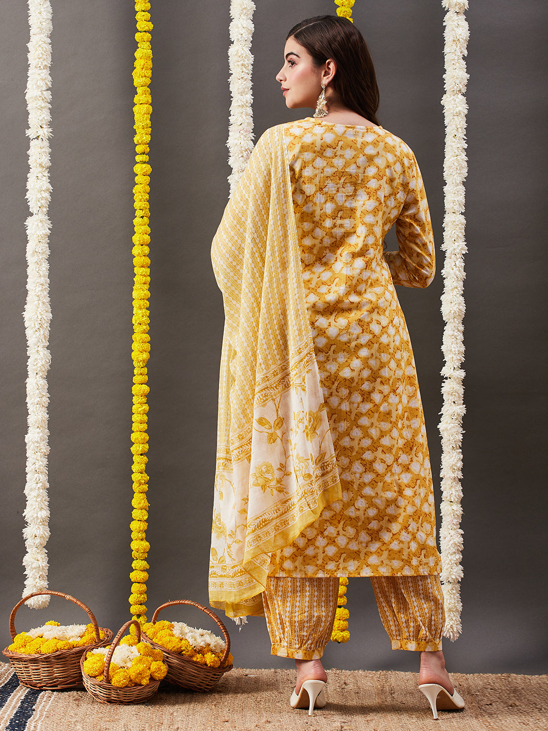 Floral Printed & Embroidered Straight Kurta with Pant & Dupatta - Yellow