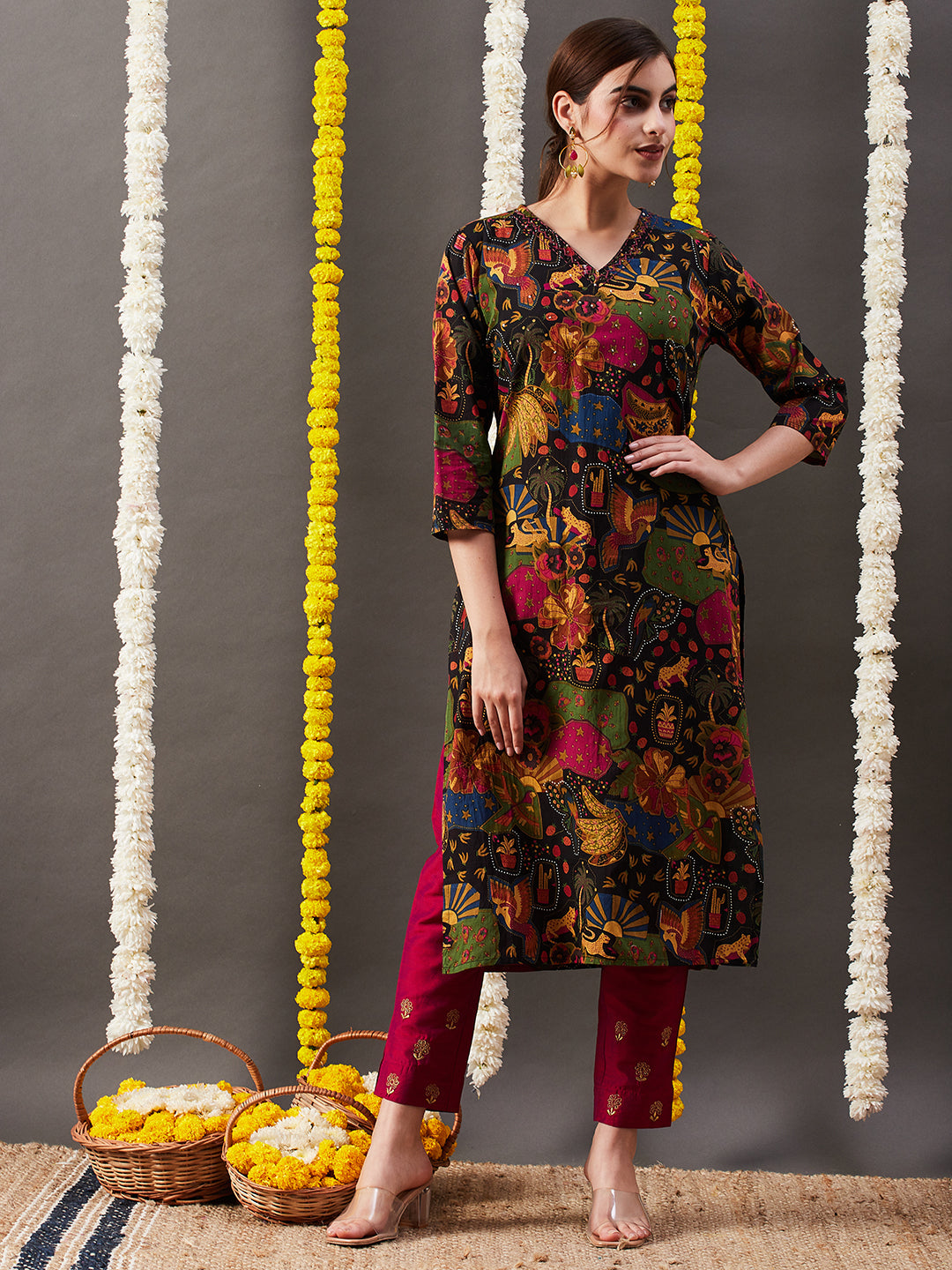 Quirky Multi Printed Beads & Sequins Embellished Kurta - Multi