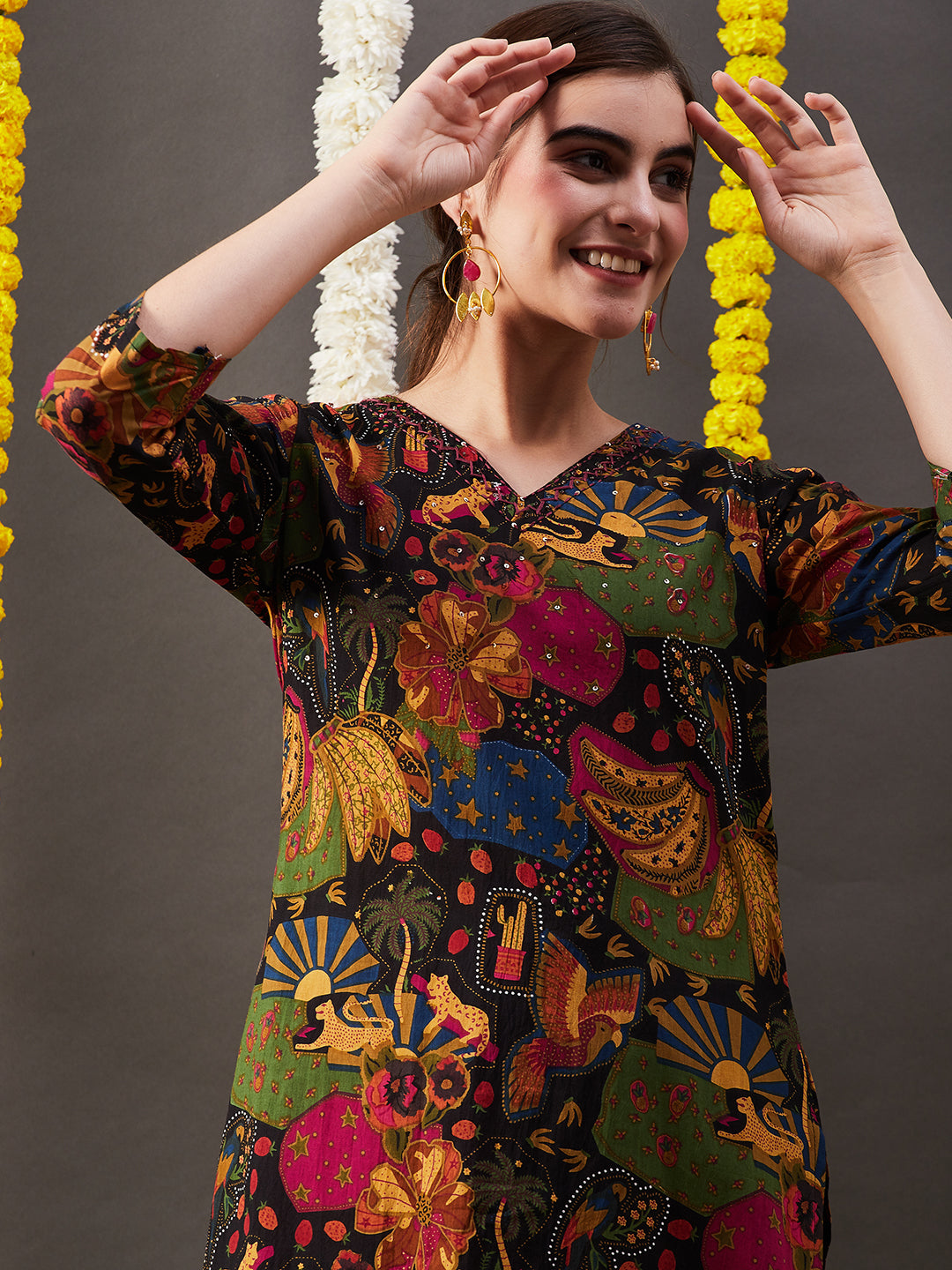 Quirky Multi Printed Beads & Sequins Embellished Kurta - Multi