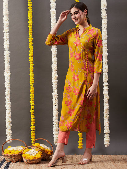Floral Printed Sequins Embellished Angrakha Style Kurta - Mustard Yellow