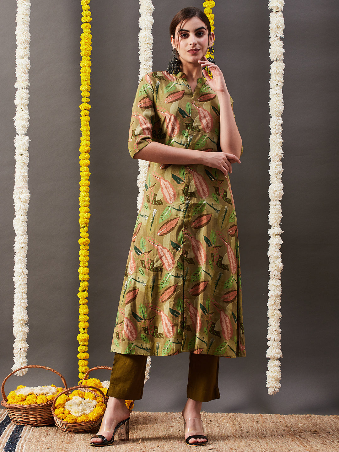 Floral Leaf Foil Printed A-Line Kurta - Green