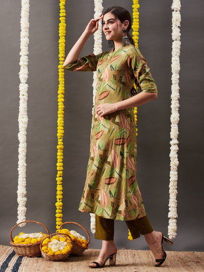 Floral Leaf Foil Printed A-Line Kurta - Green