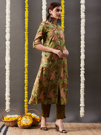 Floral Leaf Foil Printed A-Line Kurta - Green