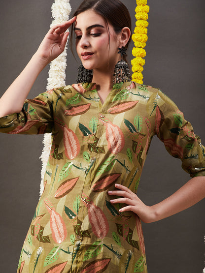 Floral Leaf Foil Printed A-Line Kurta - Green