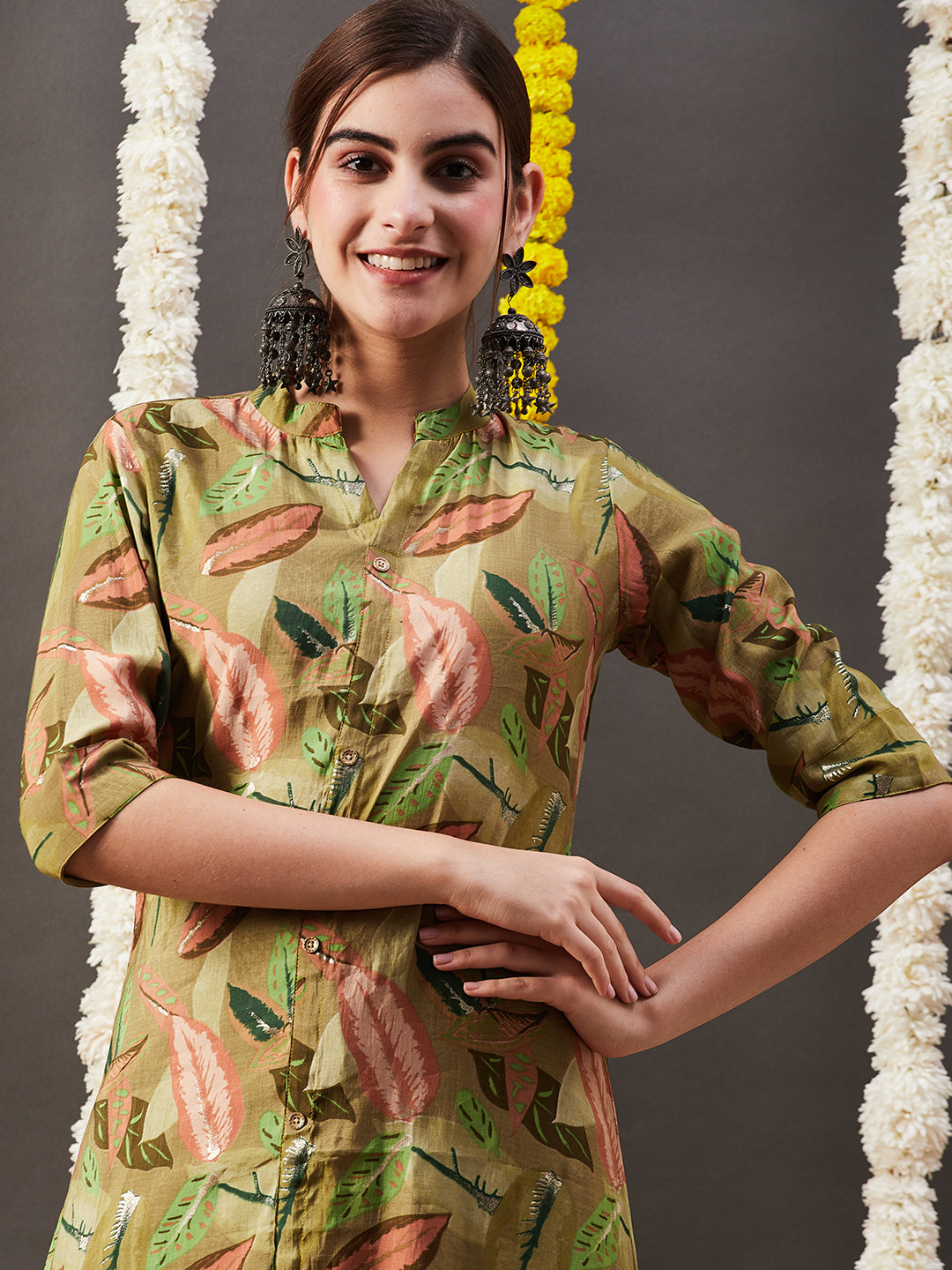 Floral Leaf Foil Printed A-Line Kurta - Green