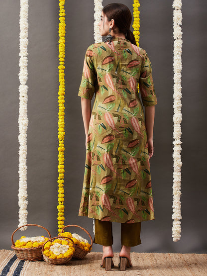 Floral Leaf Foil Printed A-Line Kurta - Green