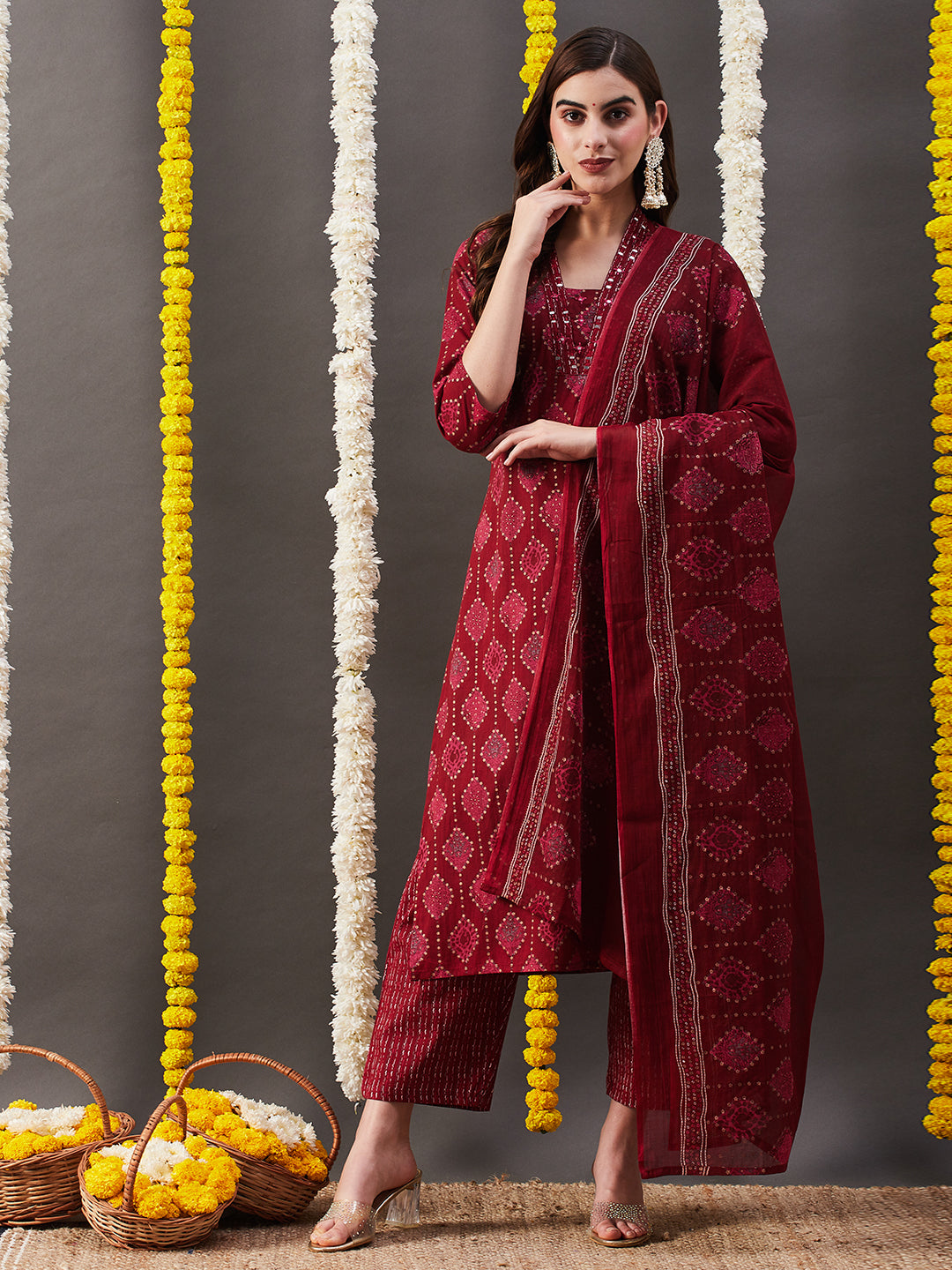 Ethnic Printed & Embroidered Straight Kurta with Pant & Dupatta - Red