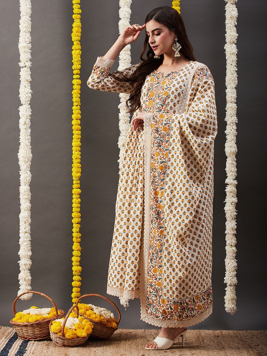 Floral Printed A-Line Pleated Kurta with Pant & Dupatta - Off White