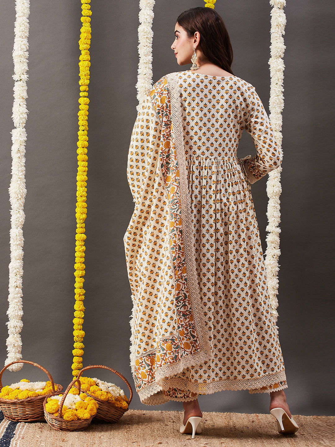 Floral Printed A-Line Pleated Kurta with Pant & Dupatta - Off White