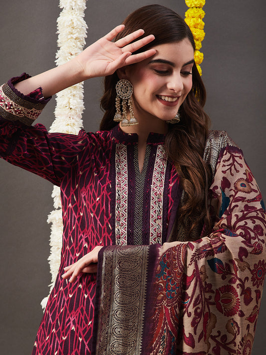 Abstract Printed Mirror & Zari Embroidered Kurta with Pants & Dupatta - Burgundy