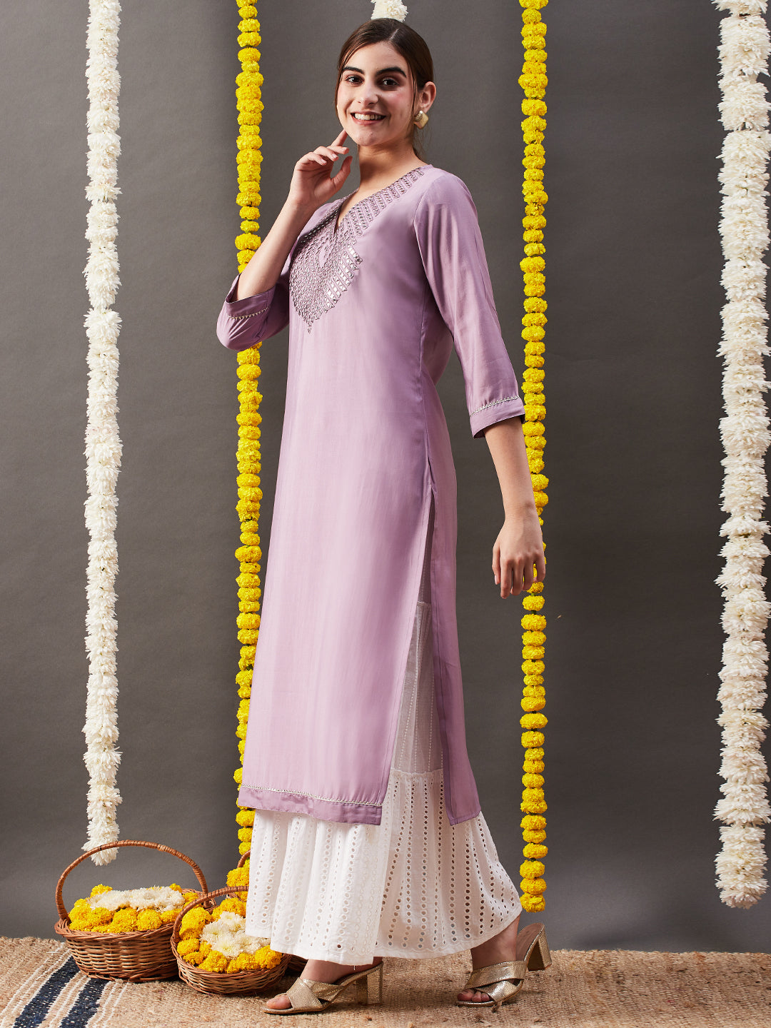 Solid Mirror Work Embroidered Straight Fit Kurta - Lavender