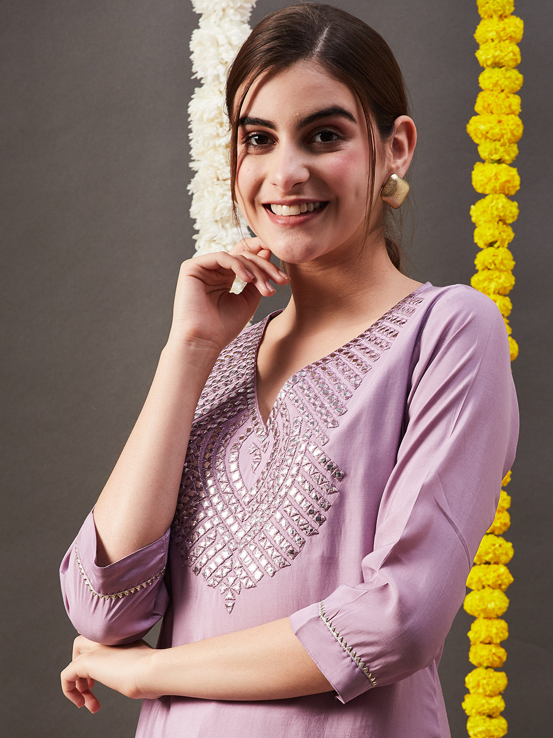 Solid Mirror Work Embroidered Straight Fit Kurta - Lavender