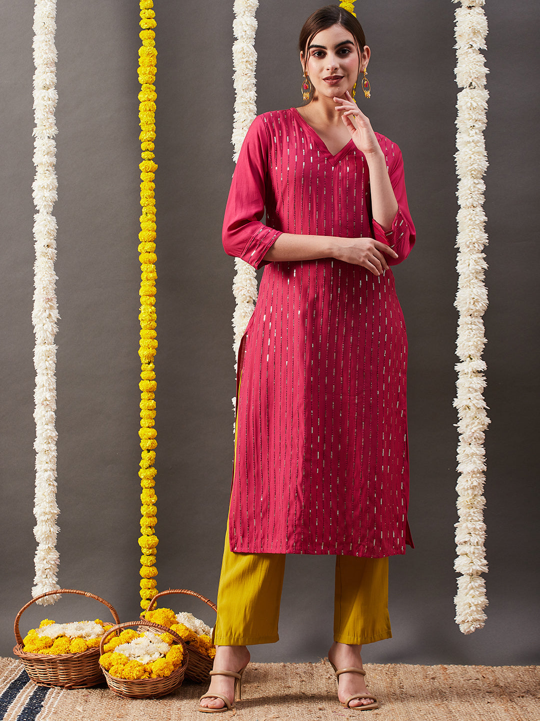 Solid Sequin Embroidered Straight Kurta with Pant - Pink