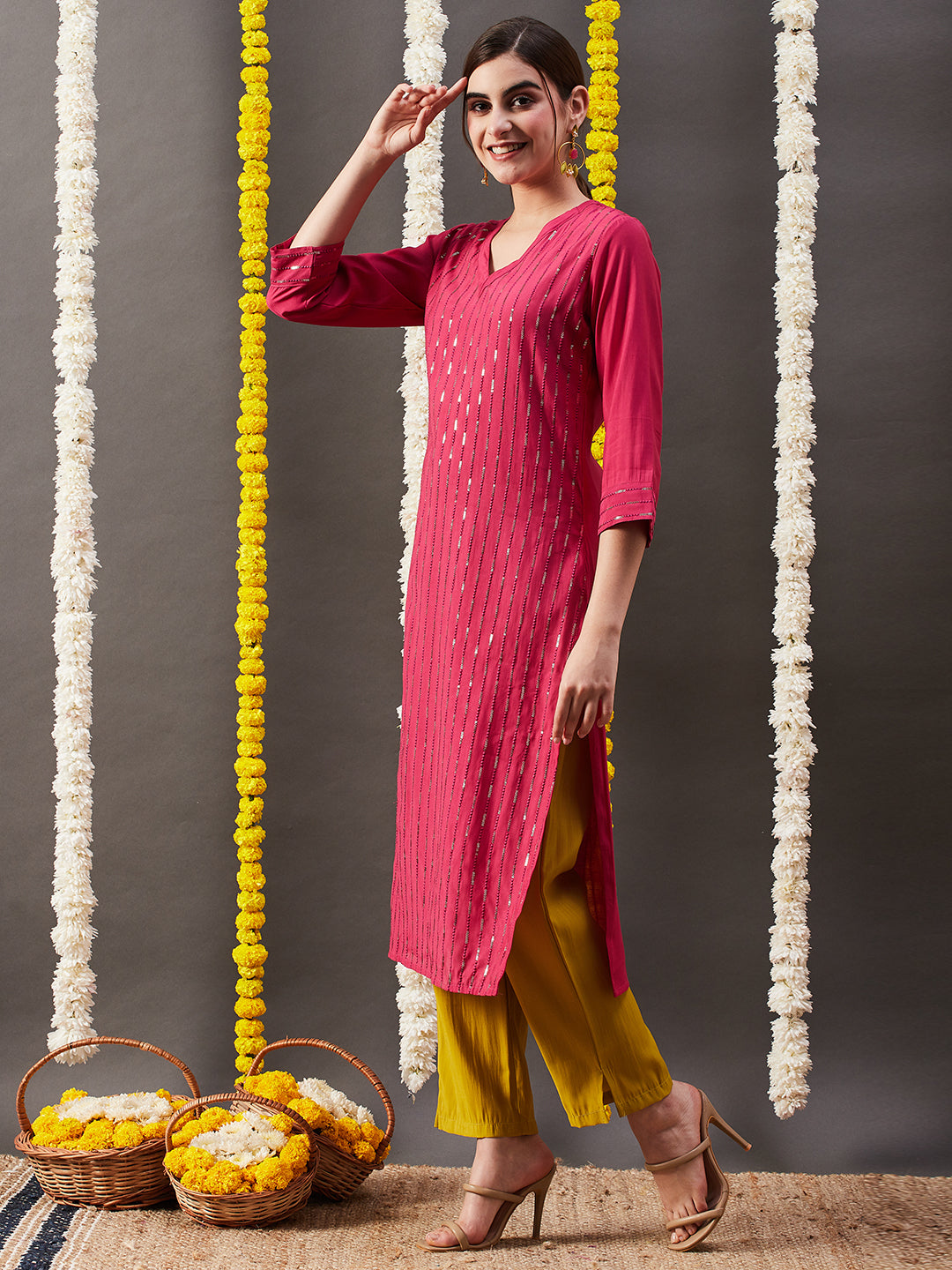 Solid Sequin Embroidered Straight Kurta with Pant - Pink