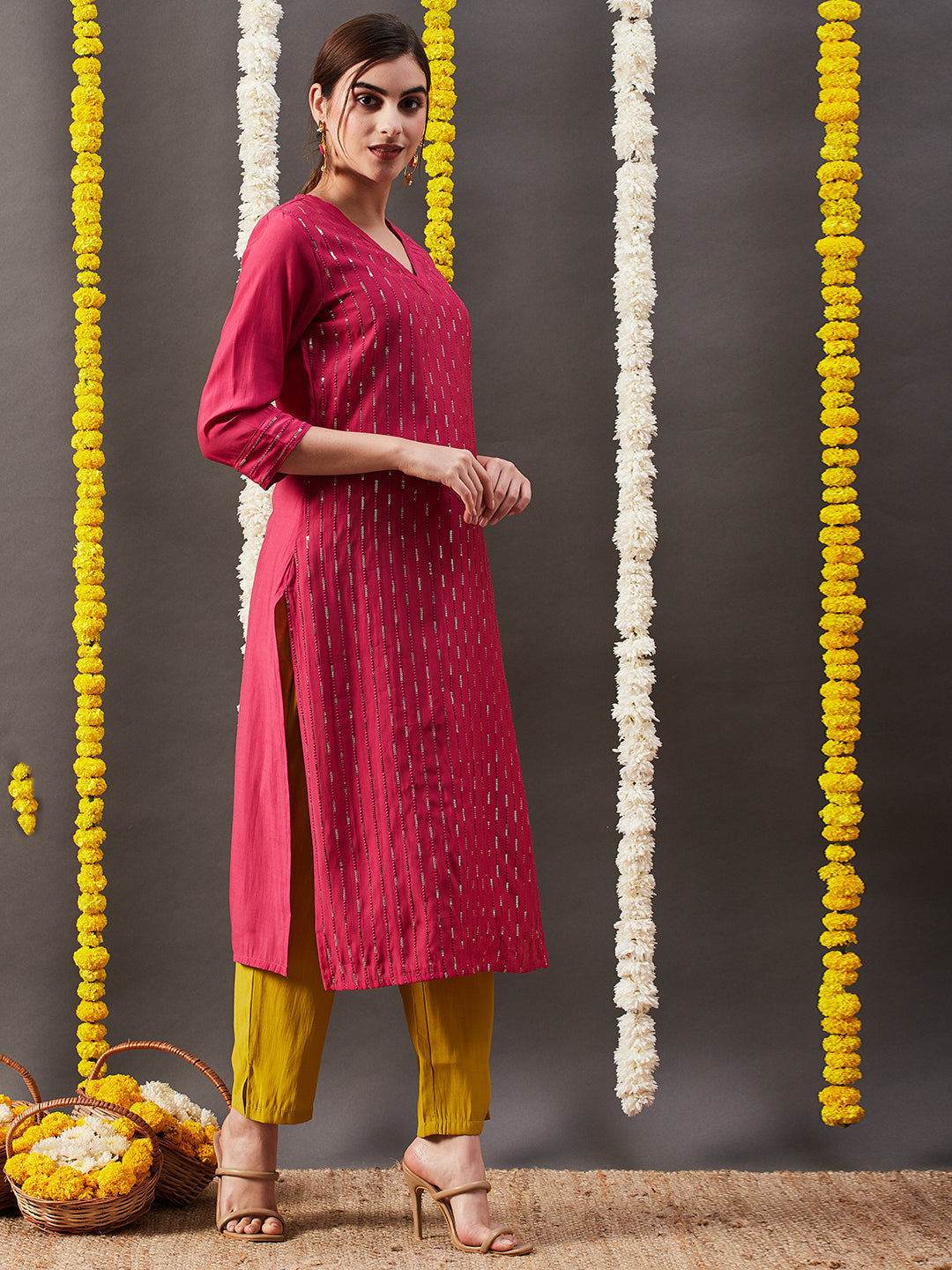 Solid Sequin Embroidered Straight Kurta with Pant - Pink