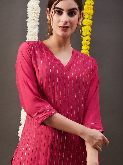 Solid Sequin Embroidered Straight Kurta with Pant - Pink