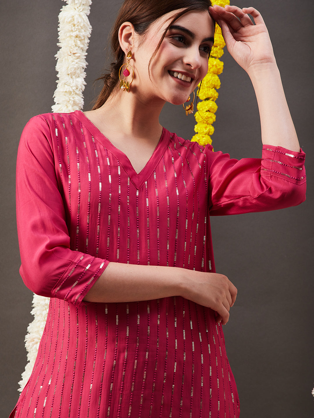 Solid Sequin Embroidered Straight Kurta with Pant - Pink