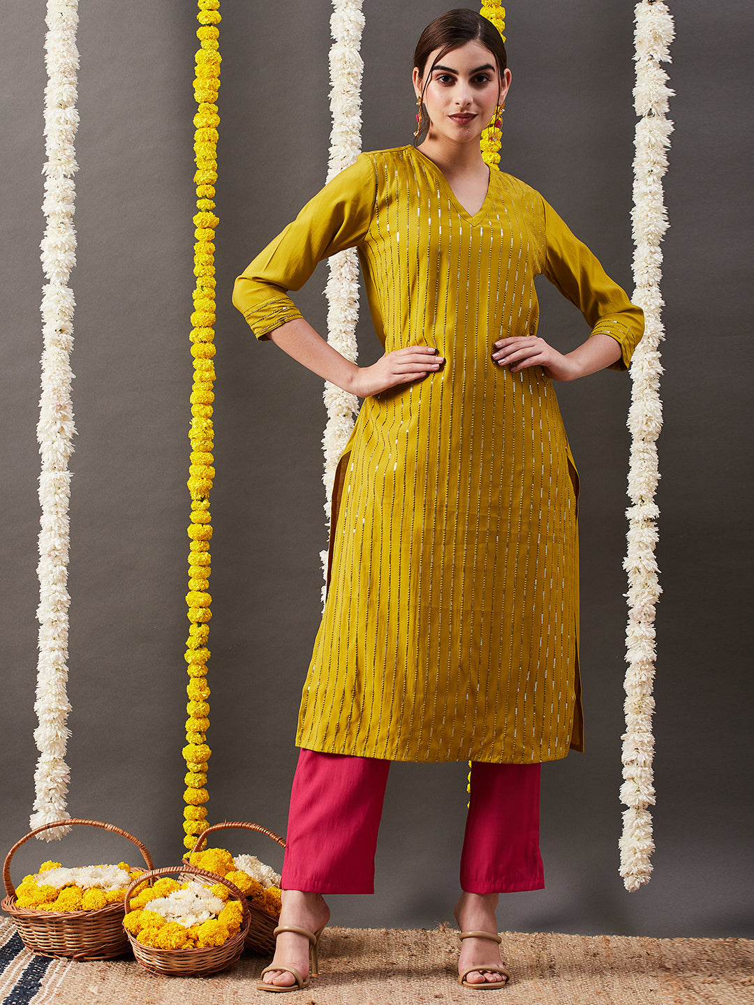 Solid Sequin Embroidered Straight Fit Kurta with Pant - Mustard