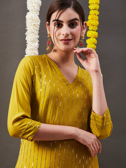 Solid Sequin Embroidered Straight Fit Kurta with Pant - Mustard