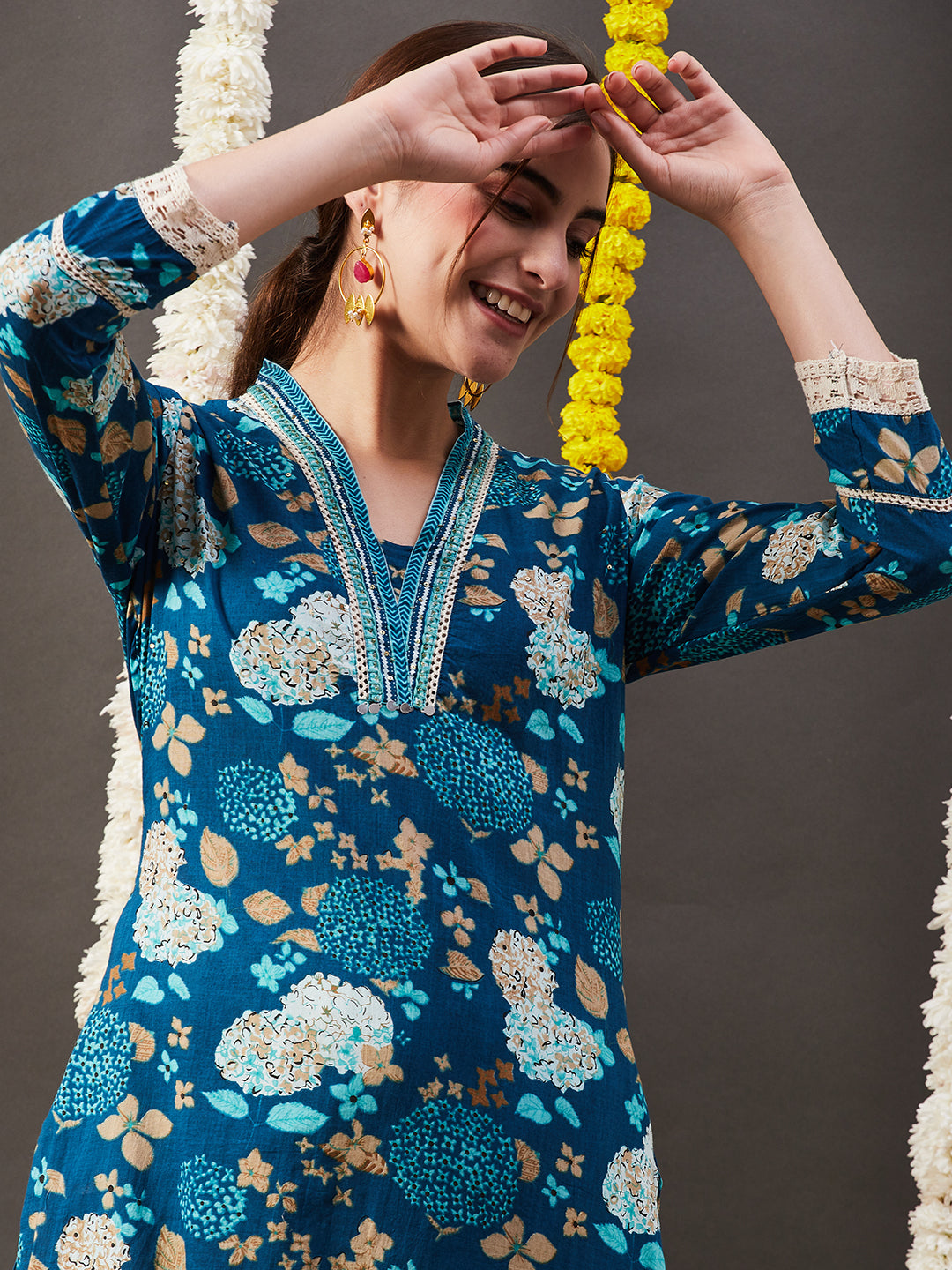 Floral Printed Beads, Sequins & Resham Embroidered Kurta - Blue