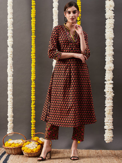 Floral Printed & Sequin Embroidered Straight Kurta with Pant - Black