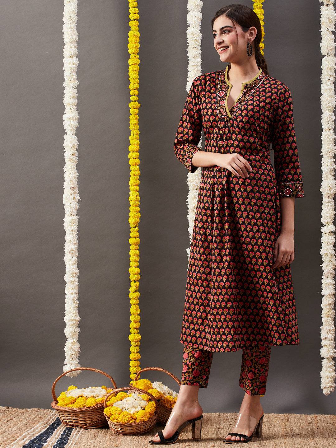 Floral Printed & Sequin Embroidered Straight Kurta with Pant - Black