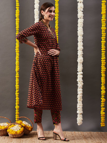 Floral Printed & Sequin Embroidered Straight Kurta with Pant - Black