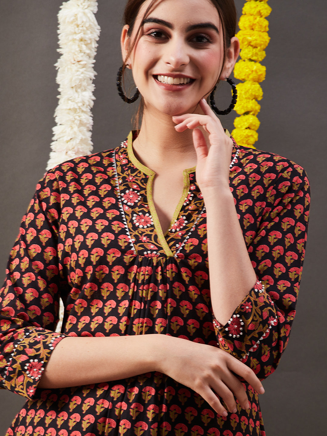 Floral Printed & Sequin Embroidered Straight Kurta with Pant - Black