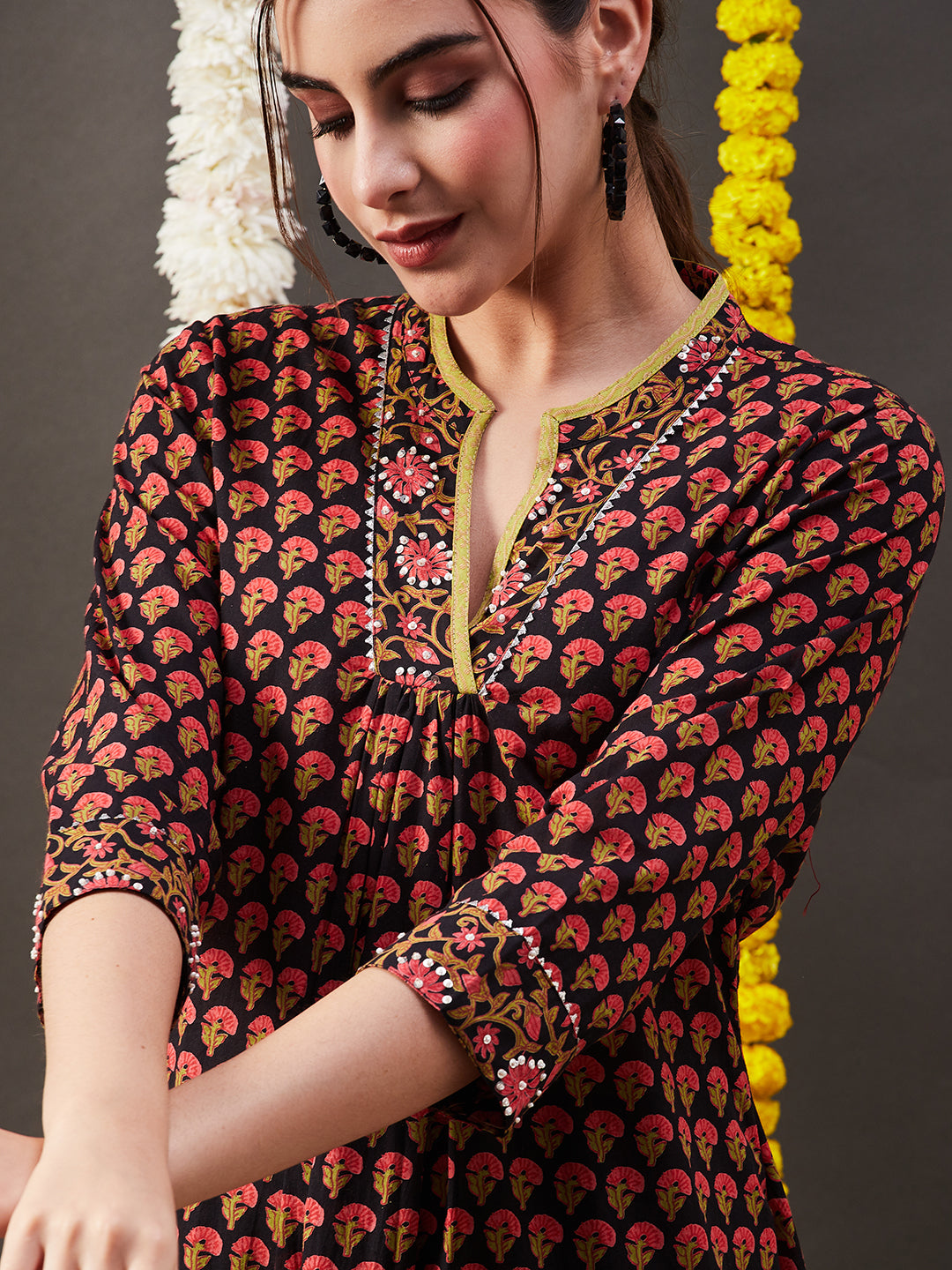 Floral Printed & Sequin Embroidered Straight Kurta with Pant - Black