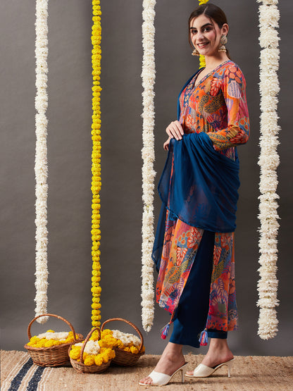 Multi Printed Mirror, Resham & Beads Embroidered Kurta with Pants & Dupatta - Multi