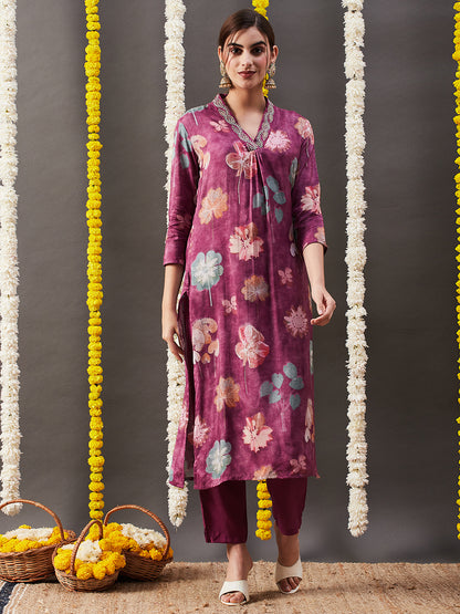 Floral Printed Zari & Sequins Embroidered Kurta with Pants & Dupatta - Mauve