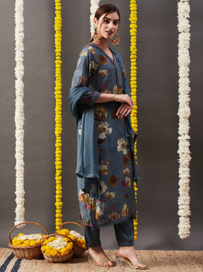 Floral Printed Stone Embellished Crochet Lace Work Kurta with Pants & Dupatta - Grey