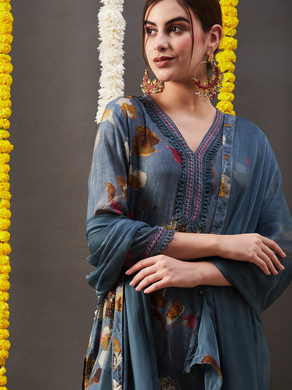 Floral Printed Stone Embellished Crochet Lace Work Kurta with Pants & Dupatta - Grey