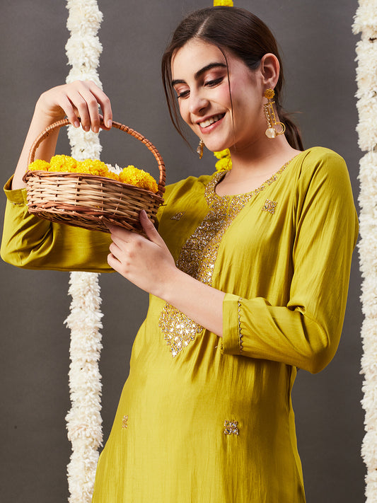 Solid Mirror & Cutdana Embroidered Gota Lace Work Kurta - Lime Green