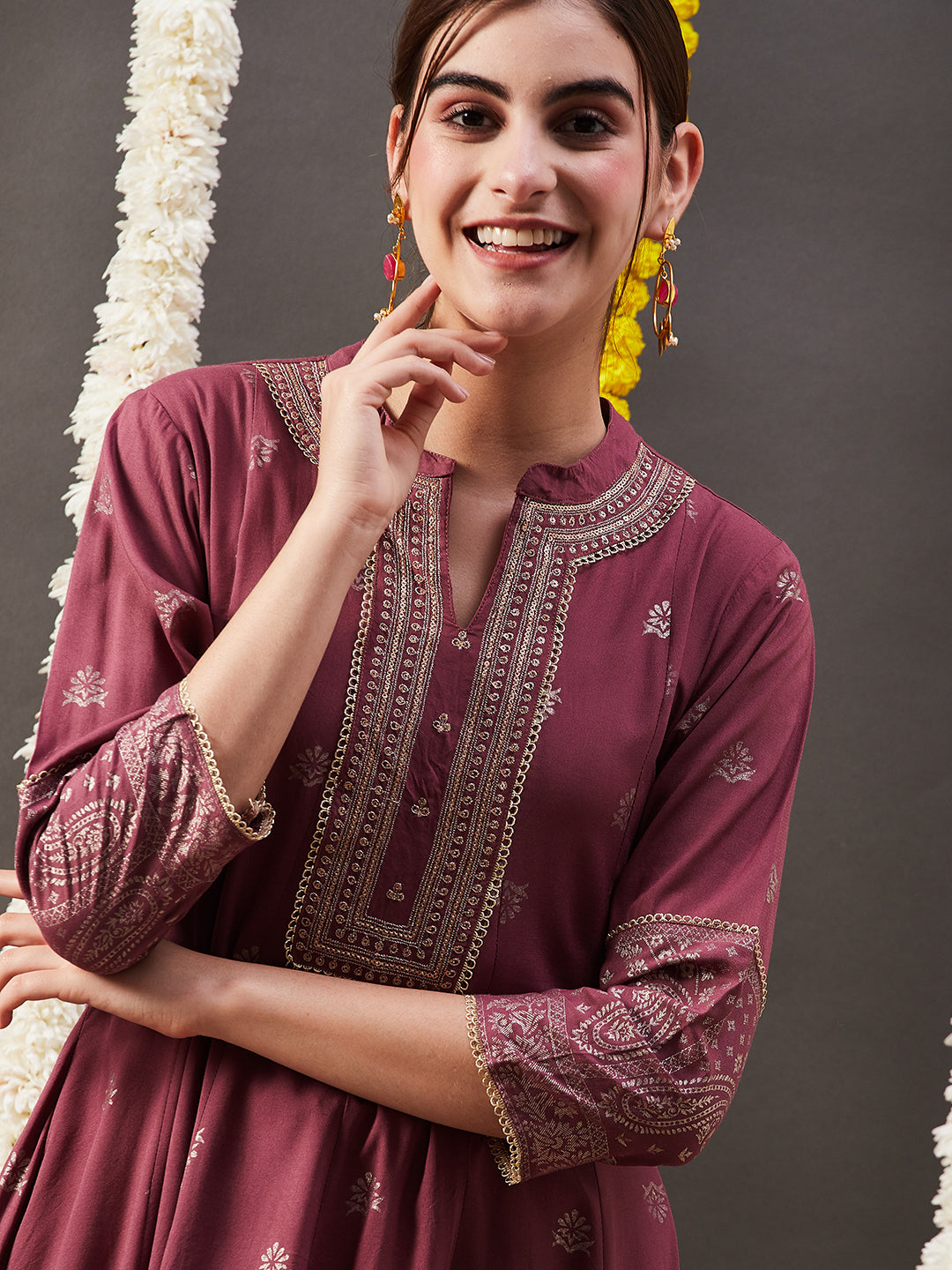 Floral & Ethnic Foil Printed Zari & Sequins Embroidered Anarkali Kurta - Rose Gold