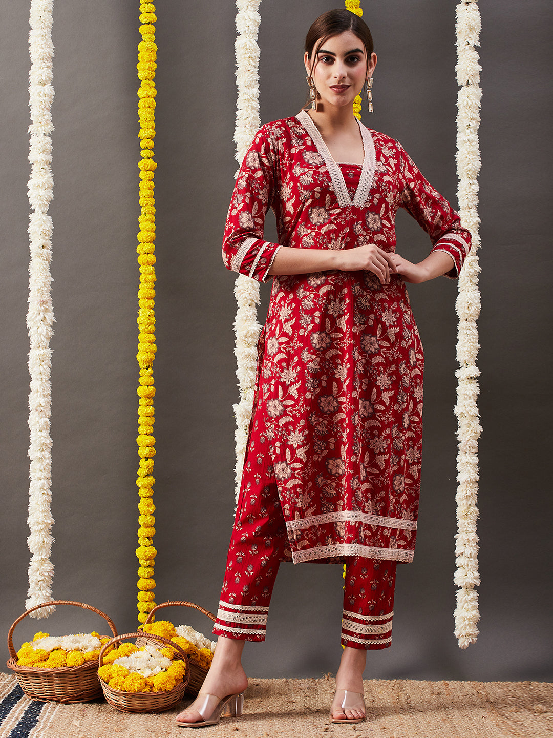 Floral Block Printed Beads & Crochet Lace Embellished Kurta with Pants