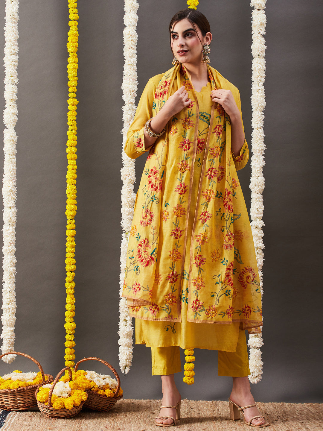 Floral Printed Resham & Sequins Embroidered Kurta with Pants & Dupatta - Yellow