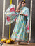 Floral Printed Mirror Embroidered Flared Kurta with Pants & Dupatta - Light Turquoise Blue