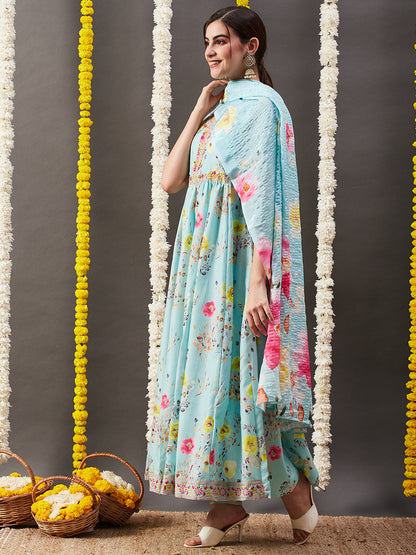 Floral Printed Mirror Embroidered Flared Kurta with Pants & Dupatta - Light Turquoise Blue