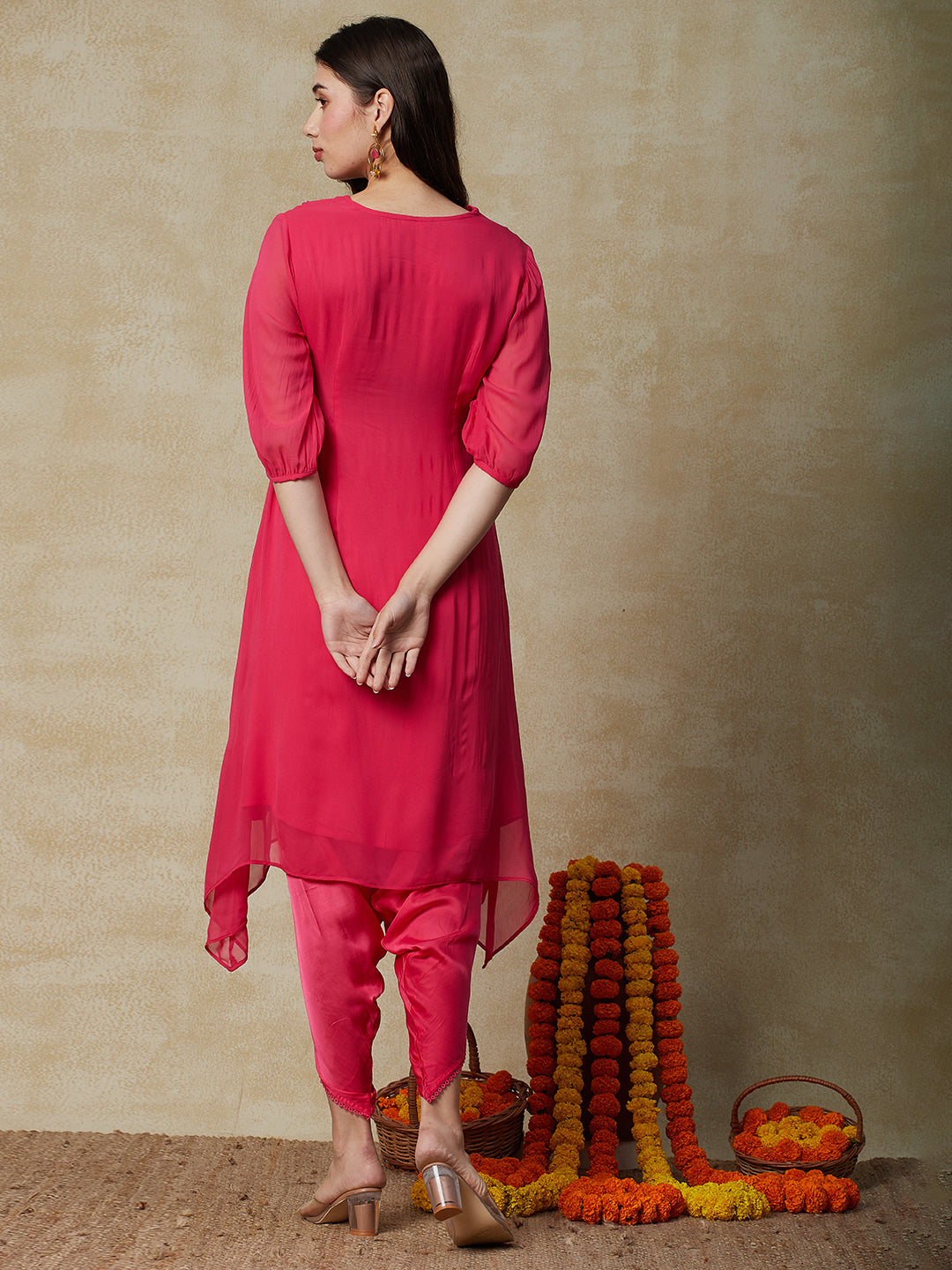 Buy Burgundy Embroidered Modal Top with Georgette Jacket and Dhoti