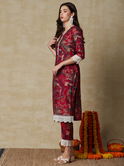 Abstract Printed Crochet lace Embellished Kurta with Pants - Multi