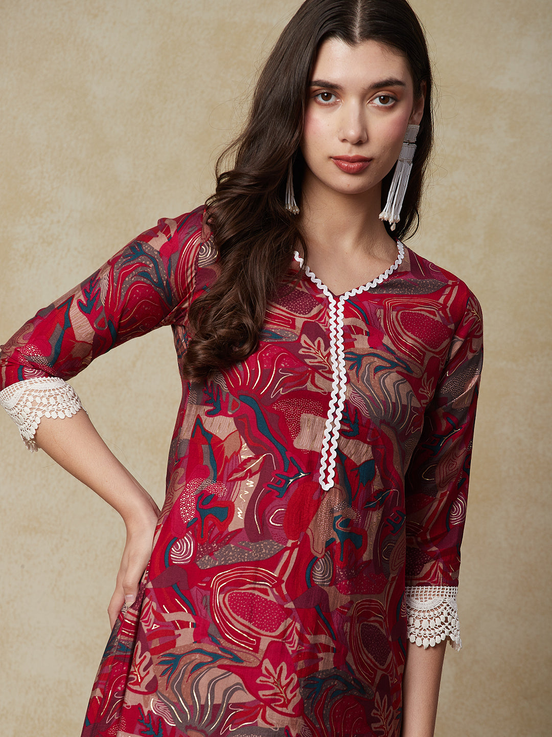 Abstract Printed Crochet lace Embellished Kurta with Pants - Multi