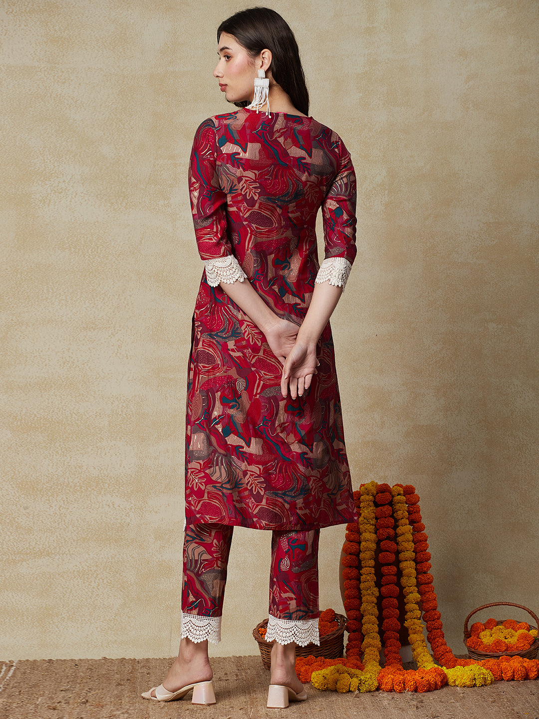 Abstract Printed Crochet lace Embellished Kurta with Pants - Multi