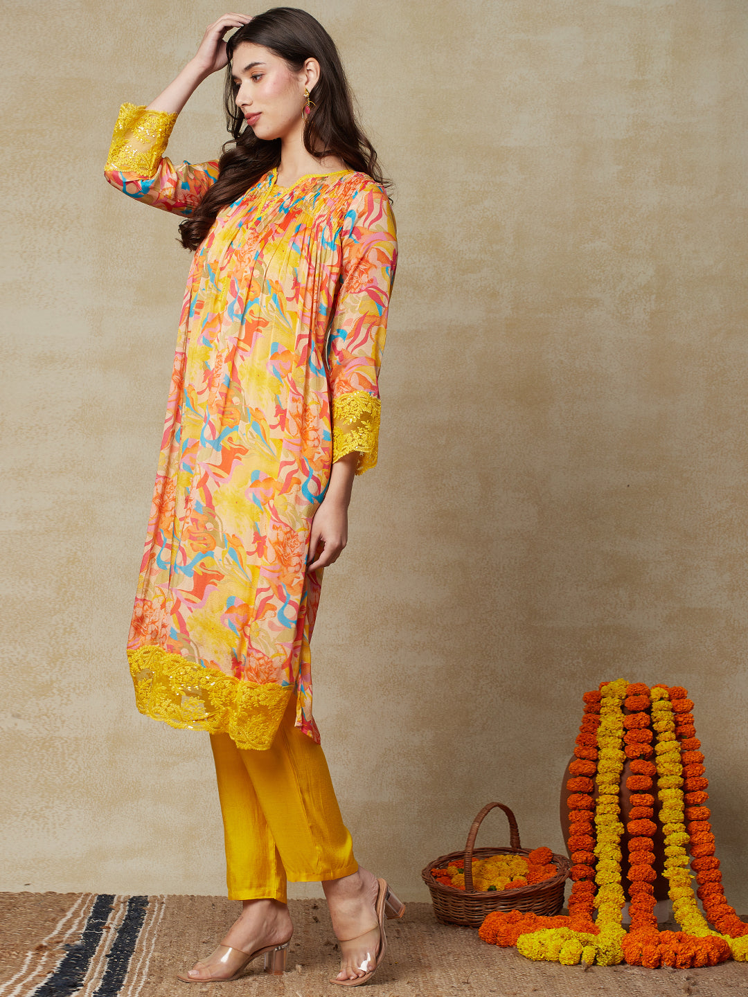 Multi Printed Resham & Sequins Embroidered Lace Work Kurta with Pants - Yellow