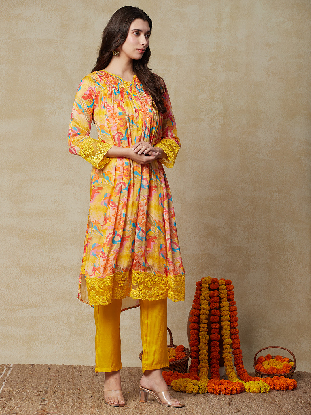 Multi Printed Resham & Sequins Embroidered Lace Work Kurta with Pants - Yellow