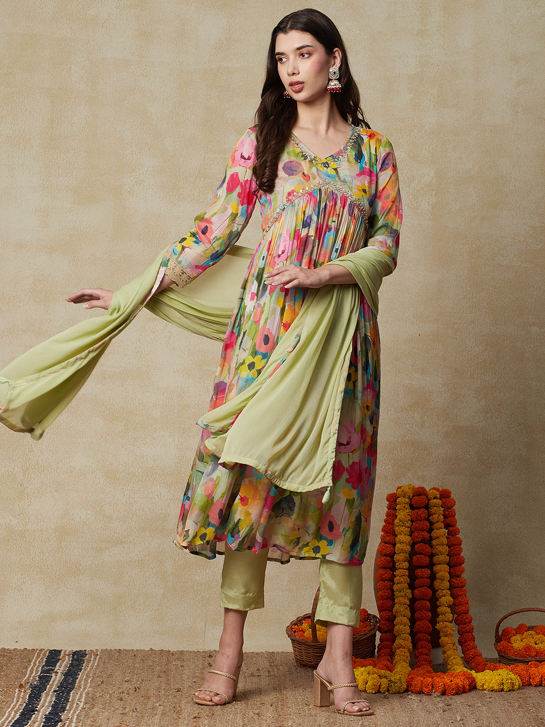 Floral Printed Beads & Cutdana Embroidered Flared Kurta with Pants & Dupatta - Green