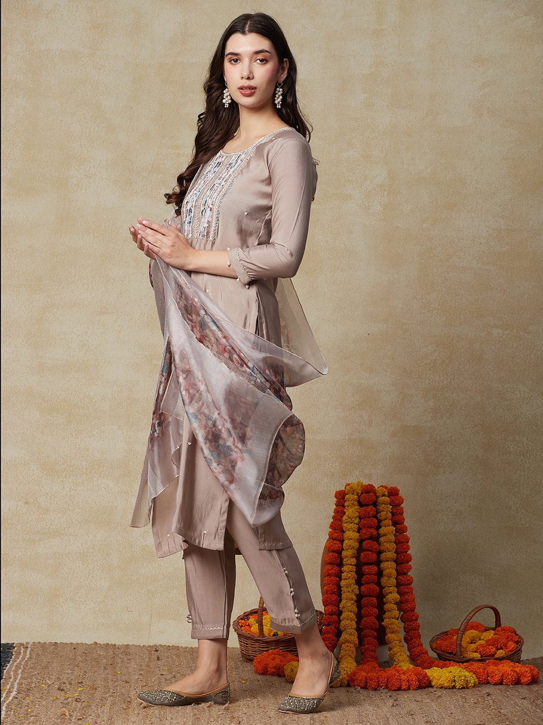 Solid Cutdana & Pearl Aari Embroidered Kurta with Pants & Floral Dupatta - Taupe