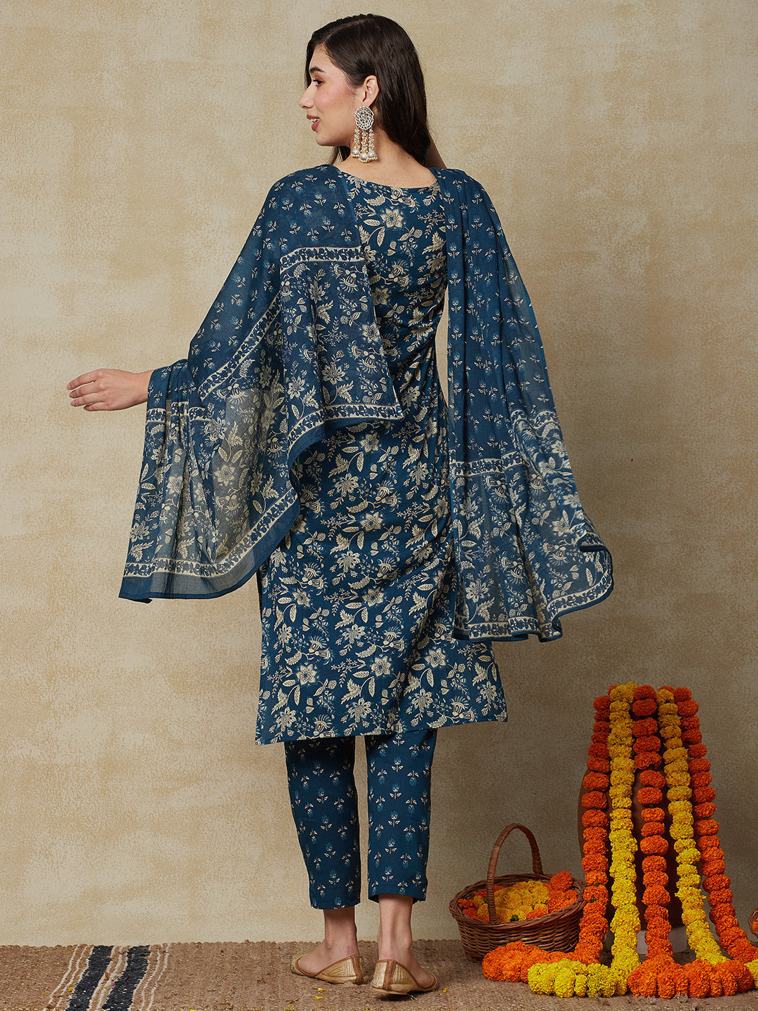 Floral Printed Mirror & Zari Embroidered Kurta with Pants & Block Printed Dupatta - Teal