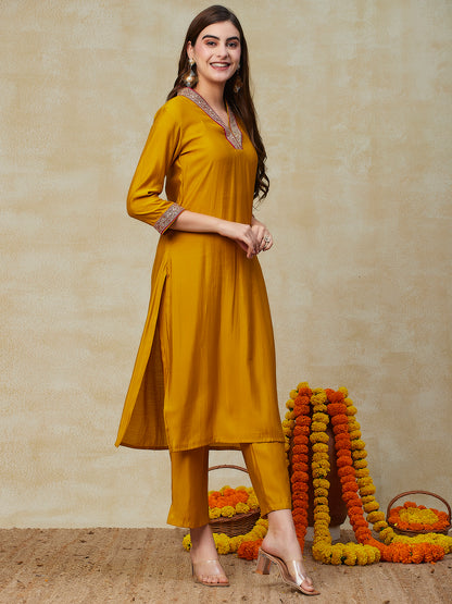 Solid Zari & Sequins Embroidered Kurta with Pants - Yellow