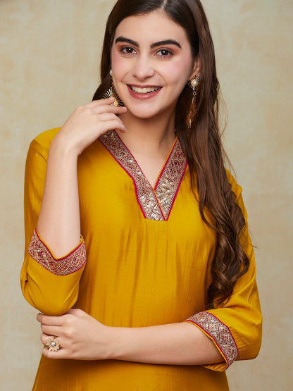Solid Zari & Sequins Embroidered Kurta with Pants - Yellow